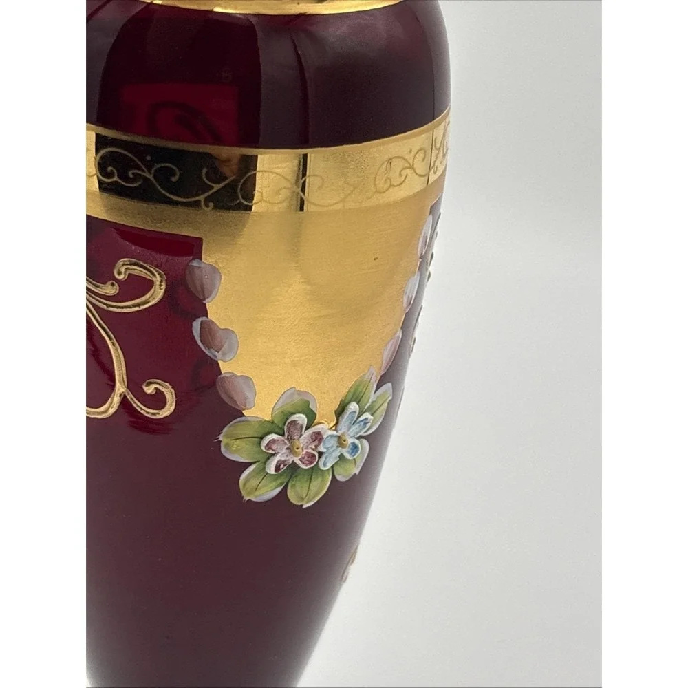 Seyei Japan Ruby Red Cranberry Glass Vase - 24K Gold Gilt & Enamel Flowers
